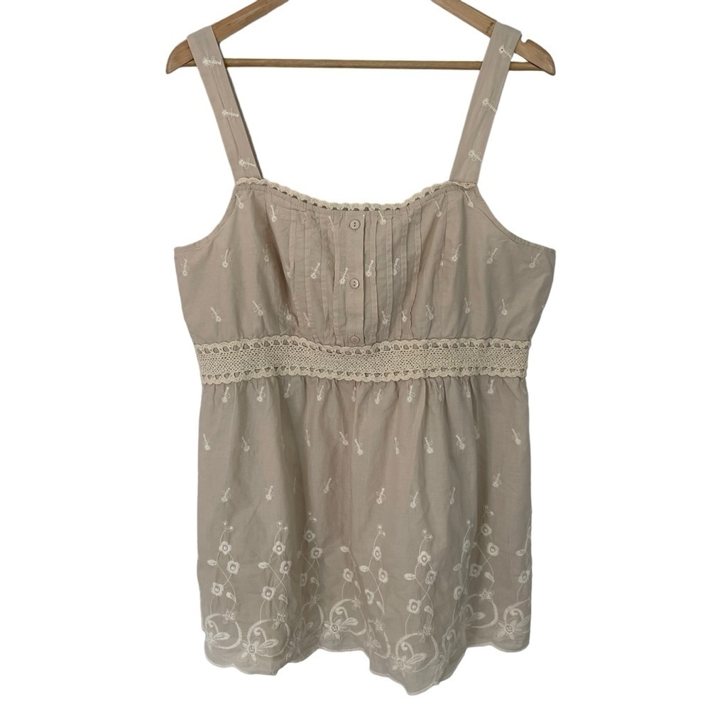 Floral Y2K Babydoll Tank Top XXL Beige Neutral Boho Embroidered Flowers Tank EUC